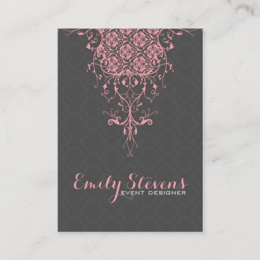 Elegant Grijs & Roze  Bloemen Kant Ornament Visitekaartje (Voorkant)