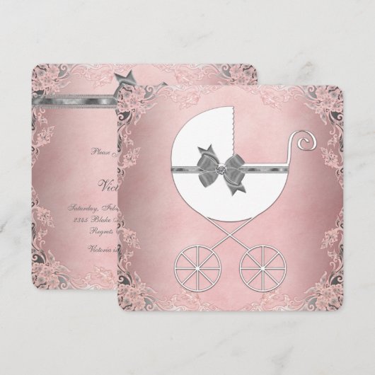 Elegant Grijs Roze Kant Baby Meisje Douche Kaart (Voorkant / Achterkant)