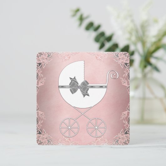 Elegant Grijs Roze Kant Baby Meisje Douche Kaart (Staand voorkant)