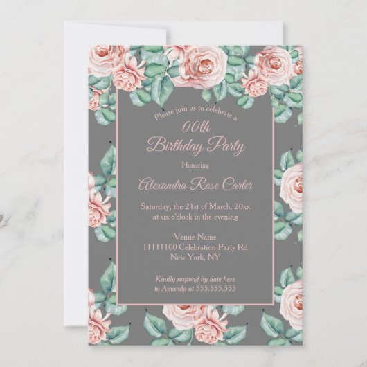 Elegant grijs Roze roze roze bloem Birthday Party Kaart (Voorkant)