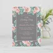 Elegant grijs Roze roze roze bloem Birthday Party Kaart (Staand voorkant)