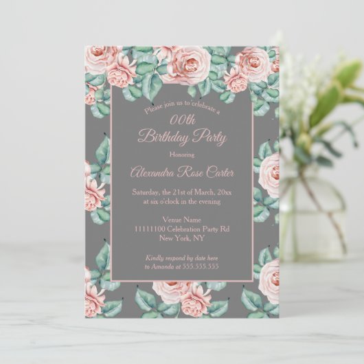 Elegant grijs Roze roze roze bloem Birthday Party Kaart (Staand voorkant)