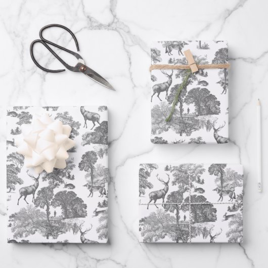 Elegant Grijs Toile Deer Fox Woodland Inpakpapier Vel (Voorkant)