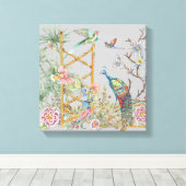 Elegant Grijs Tropisch Peacock Aziatisch Bloemen  Canvas Afdruk (Insitu (Houten vloer))