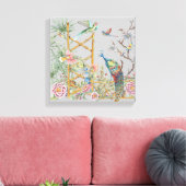 Elegant Grijs Tropisch Peacock Aziatisch Bloemen  Canvas Afdruk (Insitu (Woonkamer))