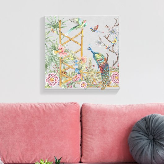 Elegant Grijs Tropisch Peacock Aziatisch Bloemen Canvas Afdruk (Insitu (Woonkamer))