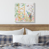 Elegant Grijs Tropisch Peacock Aziatisch Bloemen  Canvas Afdruk (Insitu (Slaapkamer))