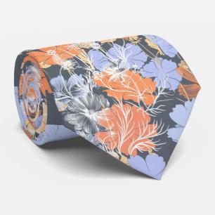 Elegant  grijs violet oranje bloempatroon stropdas