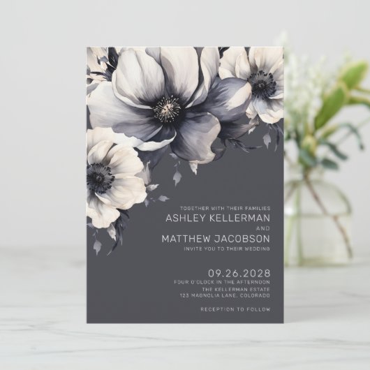 Elegant grijs Waterverf bloemenbruiloft Kaart (Staand voorkant)