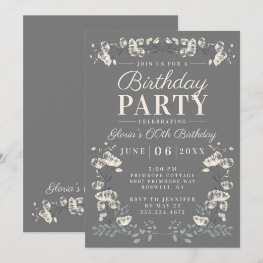 Elegant grijs & wit bloemen 60e verjaardag Invite Kaart (Voorkant / Achterkant)