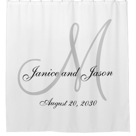 Elegant grijs wit monogram namen bruiloft douchegordijn (Voorkant)