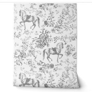 Elegant Grijs Wit Paard Bloemenpatroon Behang