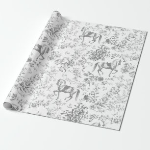 Elegant  Grijs Wit Paard Bloemenpatroon Cadeaupapier
