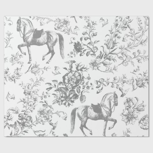 Elegant  Grijs Wit Paard Bloemenpatroon Cadeaupapier (Vlak)