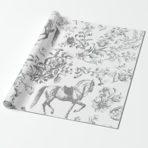 Elegant  Grijs Wit Paard Bloemenpatroon Cadeaupapier