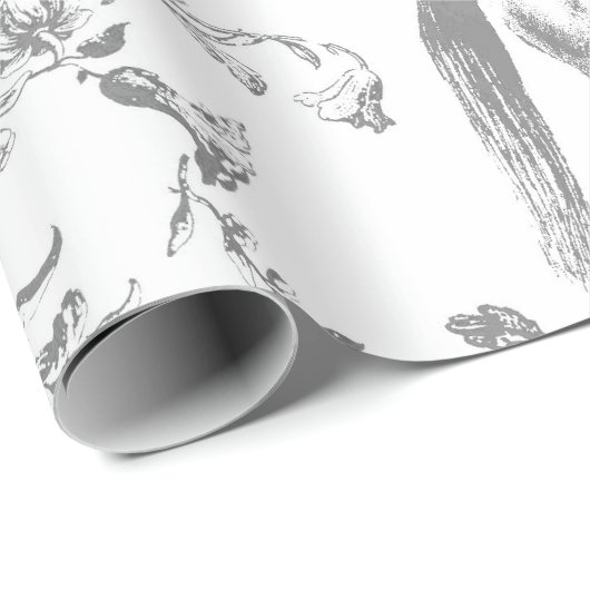 Elegant  Grijs Wit Paard Bloemenpatroon Cadeaupapier (Rol Hoek)
