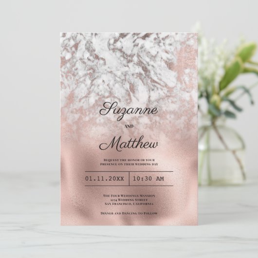Elegant grijs wit rose goud marmer bruiloft kaart (Staand voorkant)