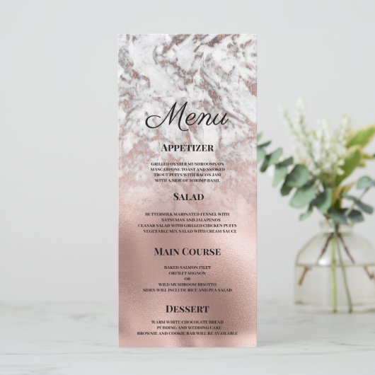 Elegant grijs wit rosé goud marmer bruiloft Menu (Staand voorkant)