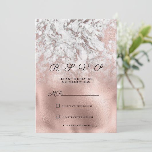 Elegant grijs wit rosé goud marmer RSVP Kaart (Staand voorkant)