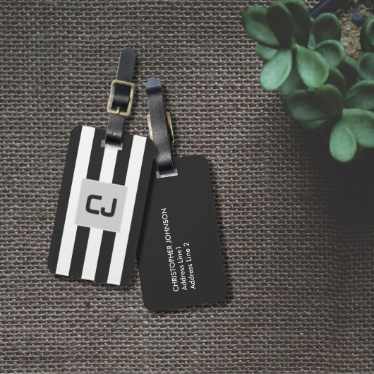 Elegant Grijs Wit Strepen Monogram Bagagelabel