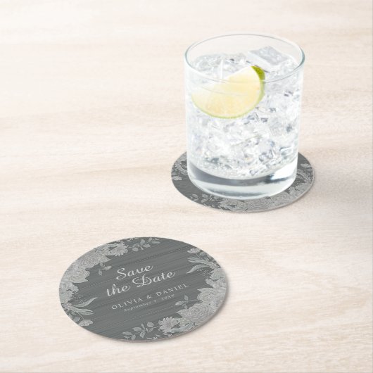 Elegant Grijs Zilver Bloemen Save the Date Bruilof Ronde Kartonnen Onderzetter (Insitu)