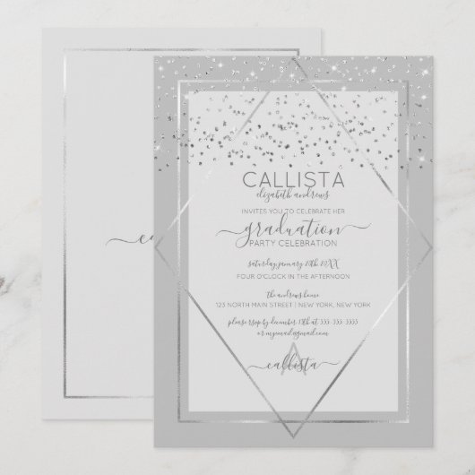 Elegant Grijs Zilver Confetti Border Afstuderen Kaart (Voorkant / Achterkant)