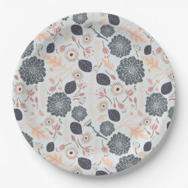 Elegant grijsblauwe perzik bloempatroon papieren bordje