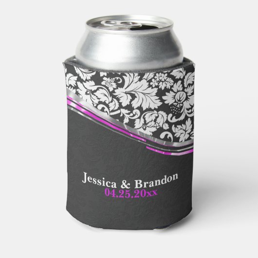 Elegant grijze en witte Damasjes met roze accenten Blikjeskoeler (Blikje Achterkant)