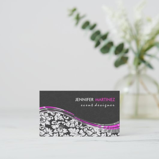 Elegant grijze en witte Damasjes met roze accenten Visitekaartje (Staand voorkant)