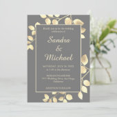Elegant grijze gouden bladeren trouwuitnodiging kaart (Staand voorkant)