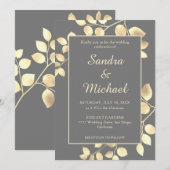 Elegant grijze gouden bladeren trouwuitnodiging kaart (Voorkant / Achterkant)