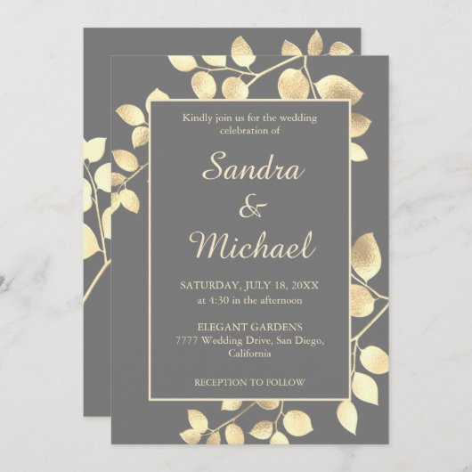 Elegant grijze gouden bladeren trouwuitnodiging kaart (Voorkant / Achterkant)