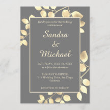 Elegant grijze gouden bladeren trouwuitnodiging