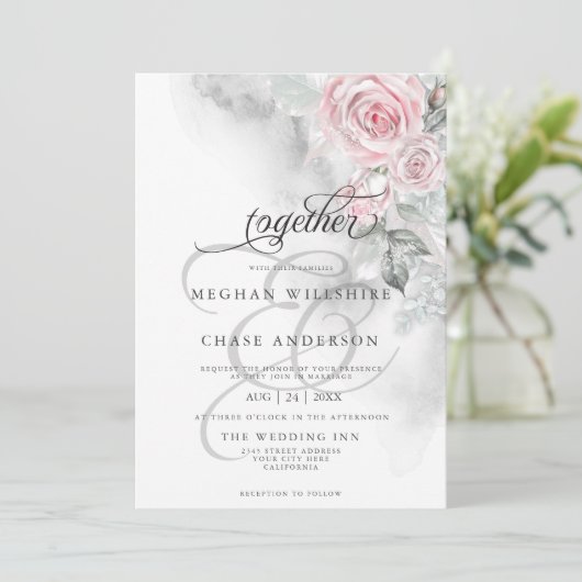 Elegant grijze Waterverf Roze rozen Barefoot Bride Kaart (Staand voorkant)