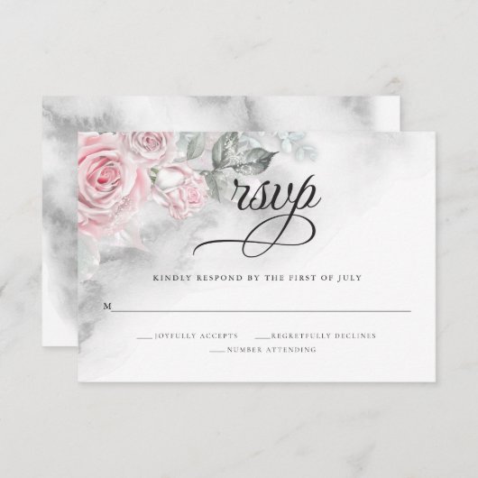 Elegant grijze Waterverf Roze rozen Barefoot Bride RSVP Kaartje (Voorkant / Achterkant)