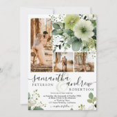 Elegant groen 5 foto collage rustieke bruiloft kaart (Voorkant)