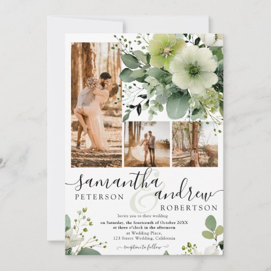 Elegant groen 5 foto collage rustieke bruiloft kaart (Voorkant)