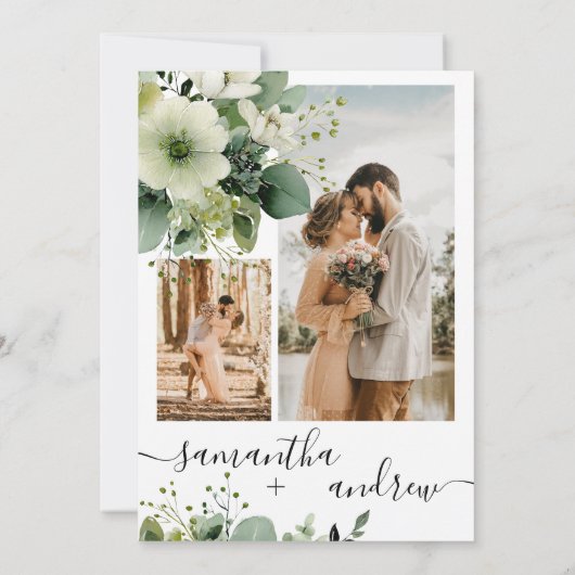 Elegant groen 5 foto collage rustieke bruiloft kaart (Achterkant)