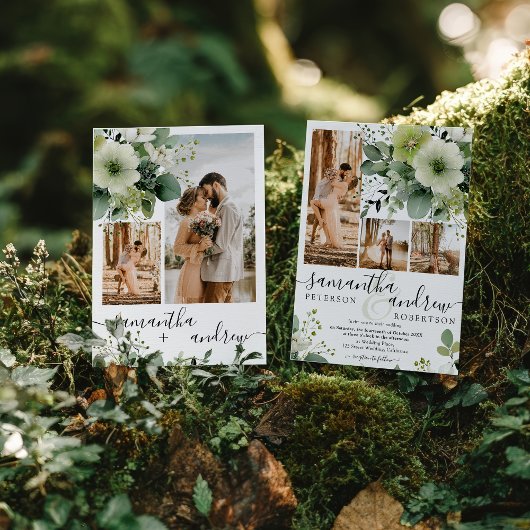 Elegant groen 5 foto collage rustieke bruiloft kaart