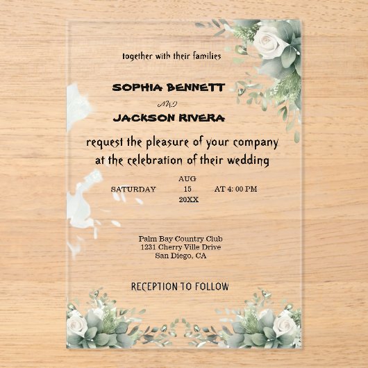 Elegant groen Acryl bruiloft uitnodiging (Voorkant)