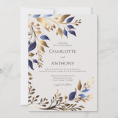 Elegant groen blad blauw goud moderne bruiloft kaart (Voorkant)