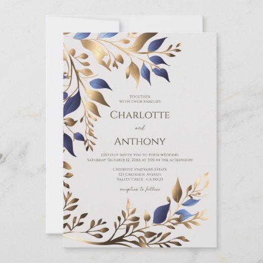 Elegant groen blad blauw goud moderne bruiloft kaart (Voorkant)