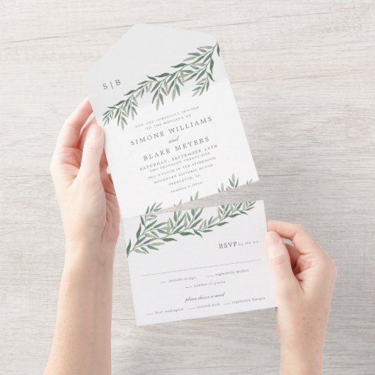 Elegant groen blad bruiloft all in one uitnodiging (Afscheurbaar)
