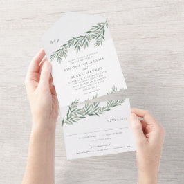 Elegant groen blad bruiloft all in one uitnodiging