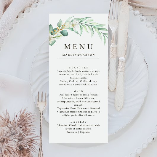 Elegant groen blad bruiloft diner menu
