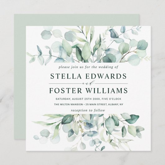 Elegant groen blad bruiloft vierkant kaart (Voorkant / Achterkant)