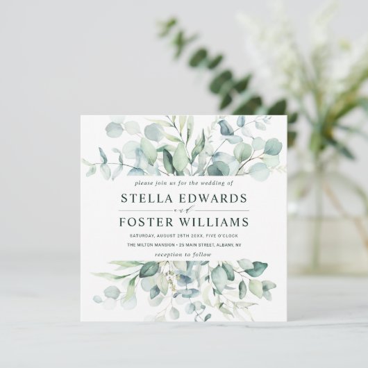 Elegant groen blad bruiloft vierkant kaart (Staand voorkant)