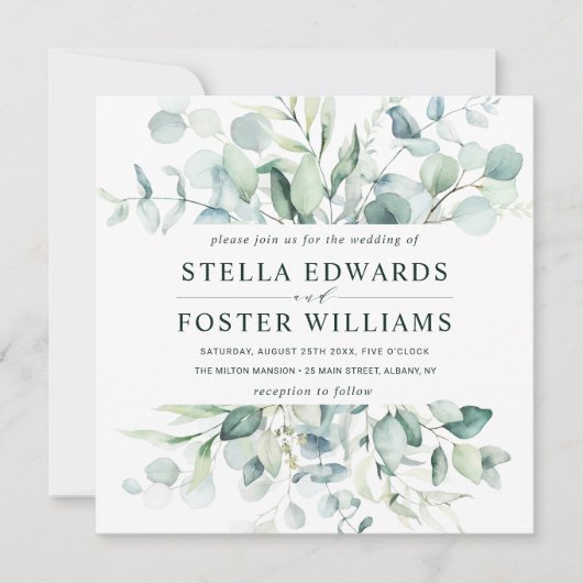 Elegant groen blad bruiloft vierkant kaart (Voorkant)