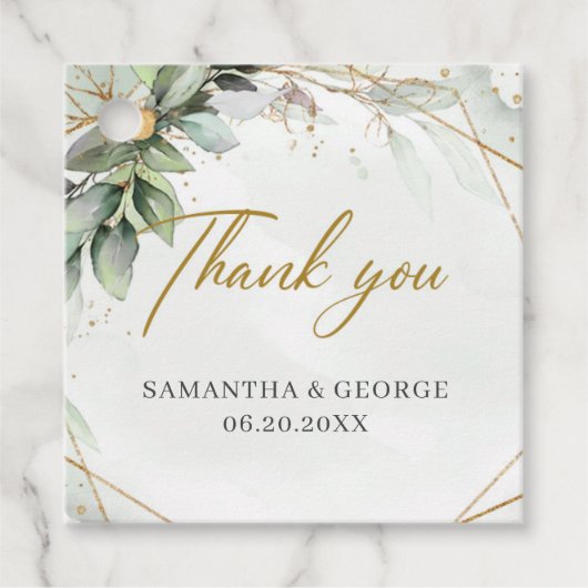 Elegant groen blad faux goud geometrisch bedankjes labels (Voorkant)