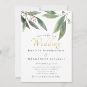 Elegant groen blad goud script gom bloesem bruilof kaart (Voorkant)